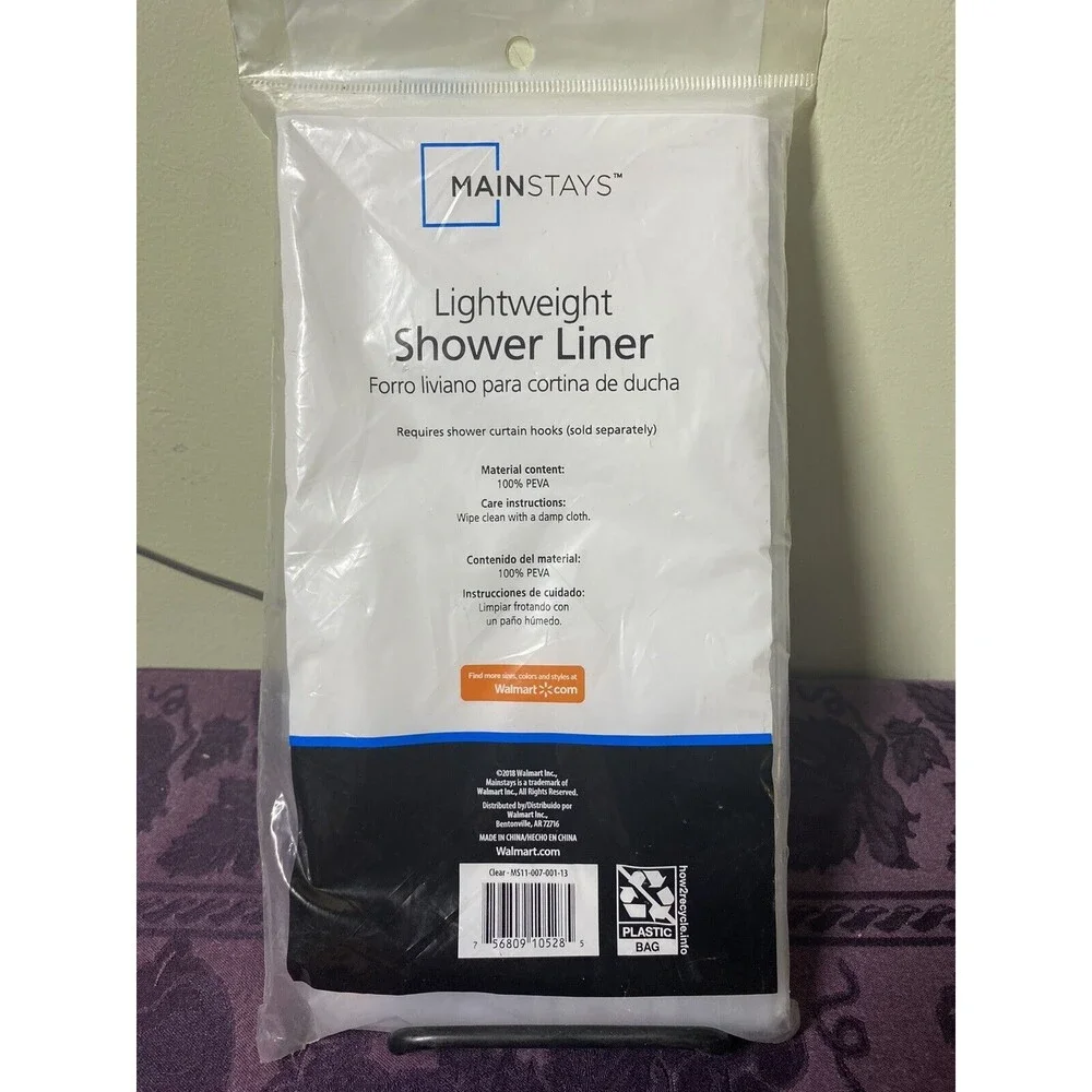 Mainstay Lightweight Clear Shower Liner & 12 Mainstay Black Shower Curtain Hooks